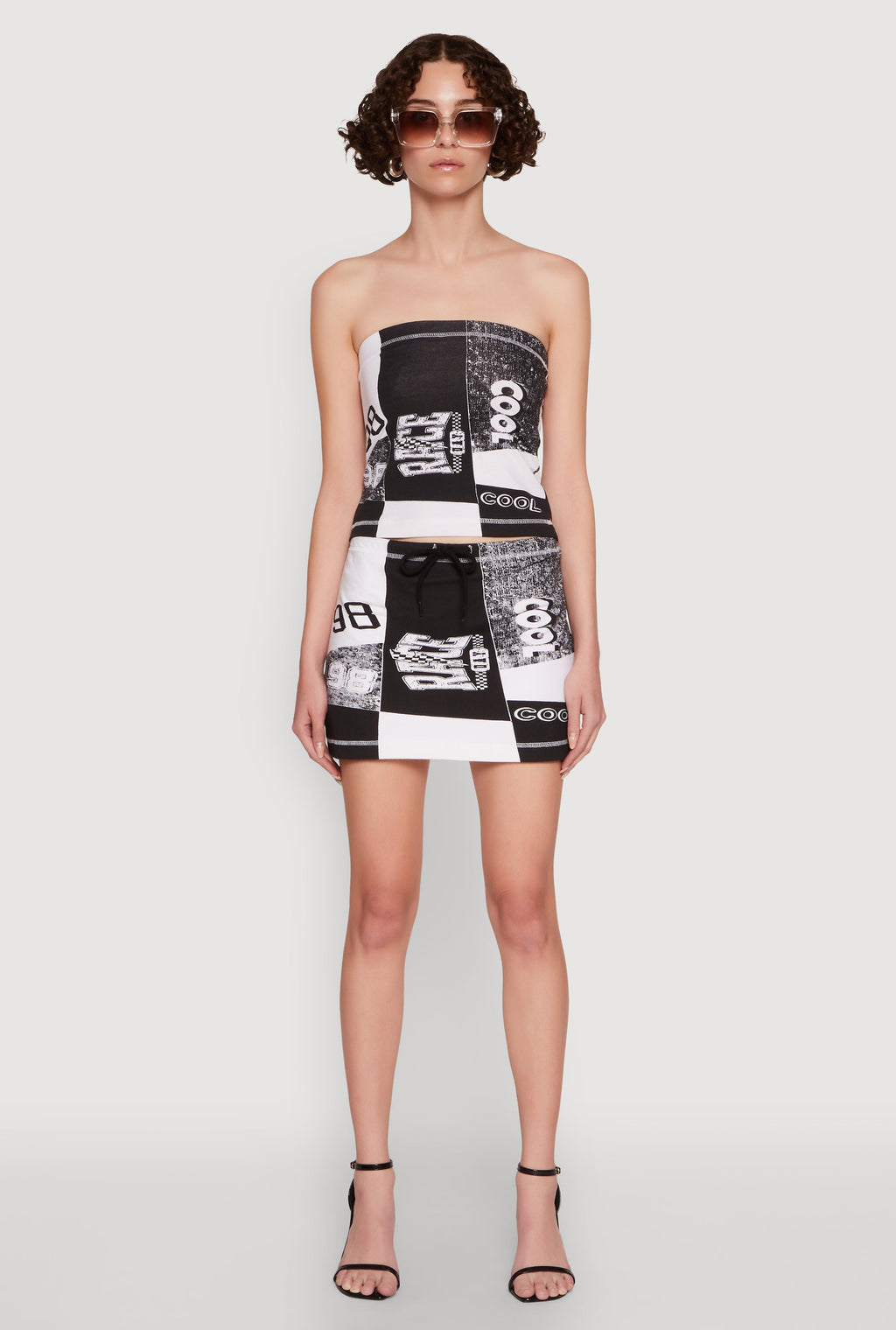Race Day Patchwork Print Mini Skirt with Drawstring Waist