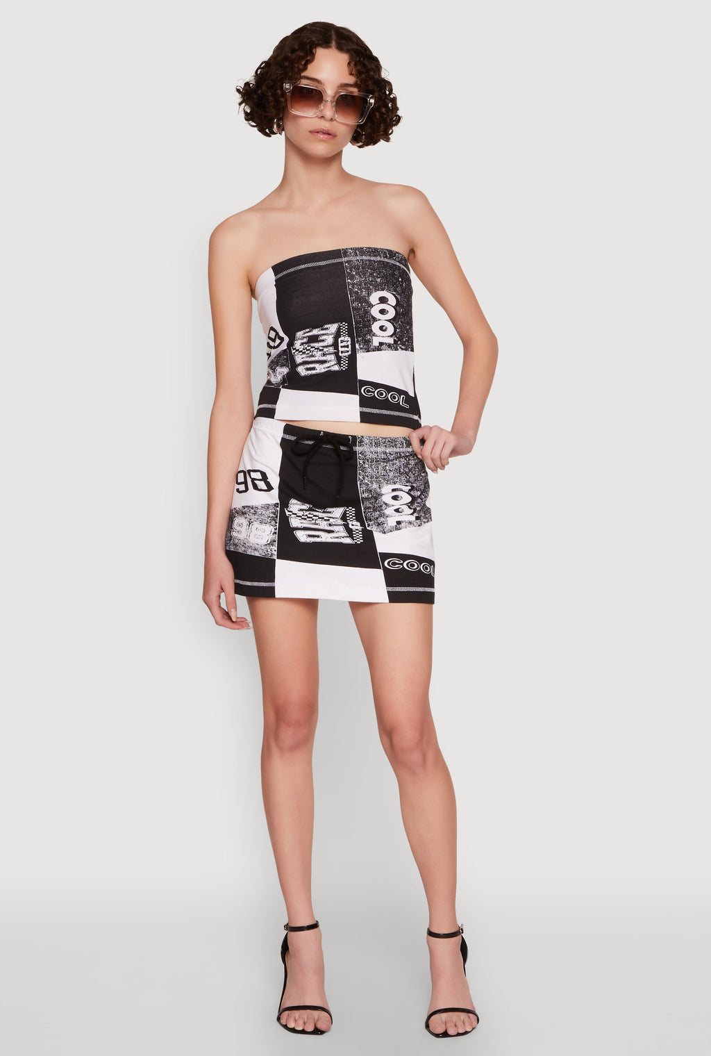 Race Day Patchwork Print Mini Skirt with Drawstring Waist