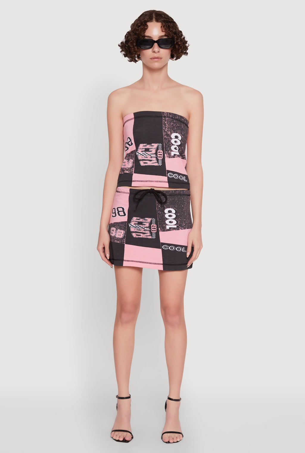 Race Day Patchwork Print Mini Skirt with Drawstring Waist