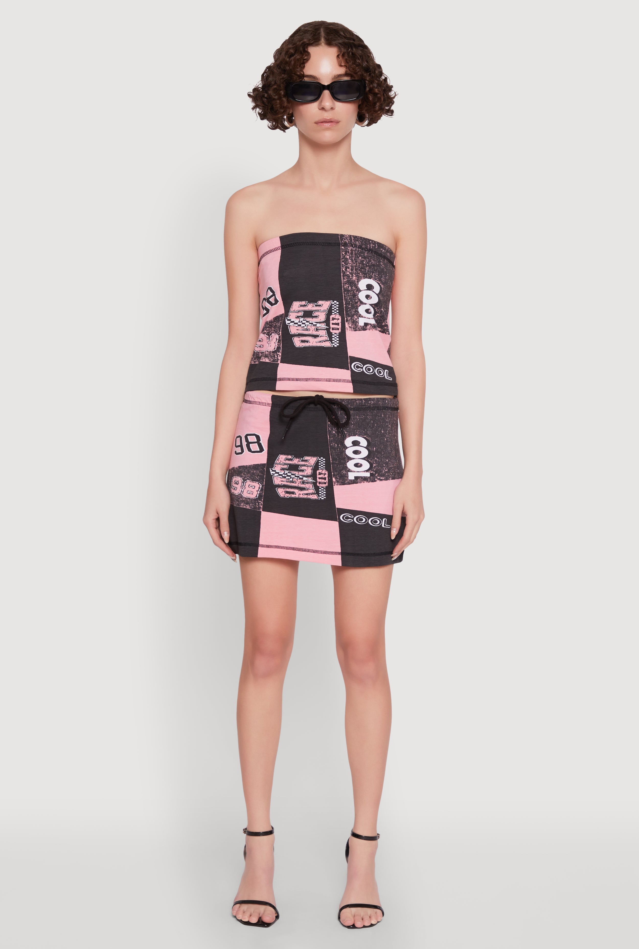 Race Day Patchwork Print Mini Skirt with Drawstring Waist