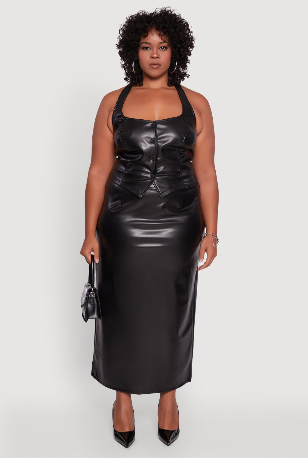 Plus Size High Waist Faux Leather Maxi Skirt with Zip Back