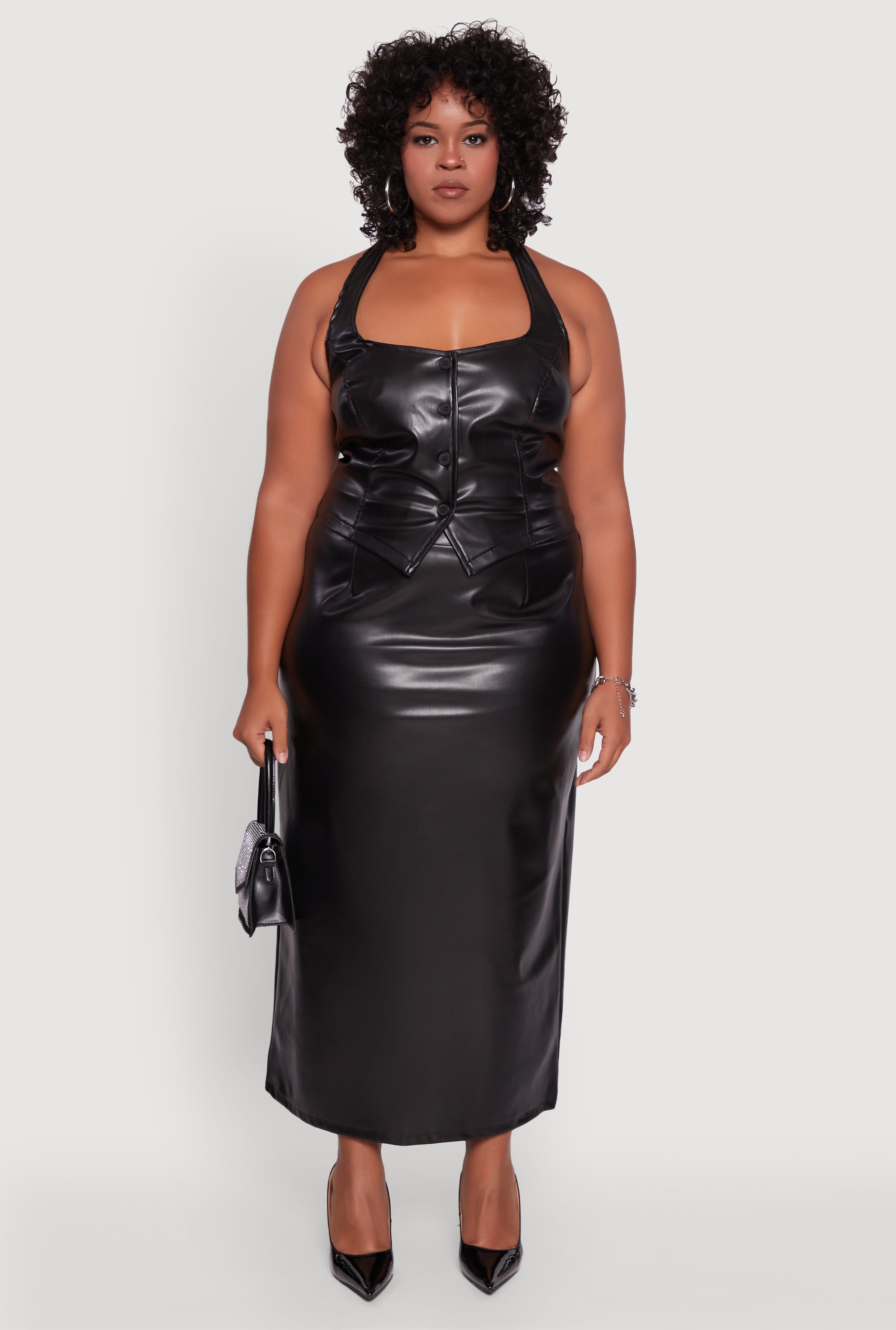 Plus Size High Waist Faux Leather Maxi Skirt with Zip Back