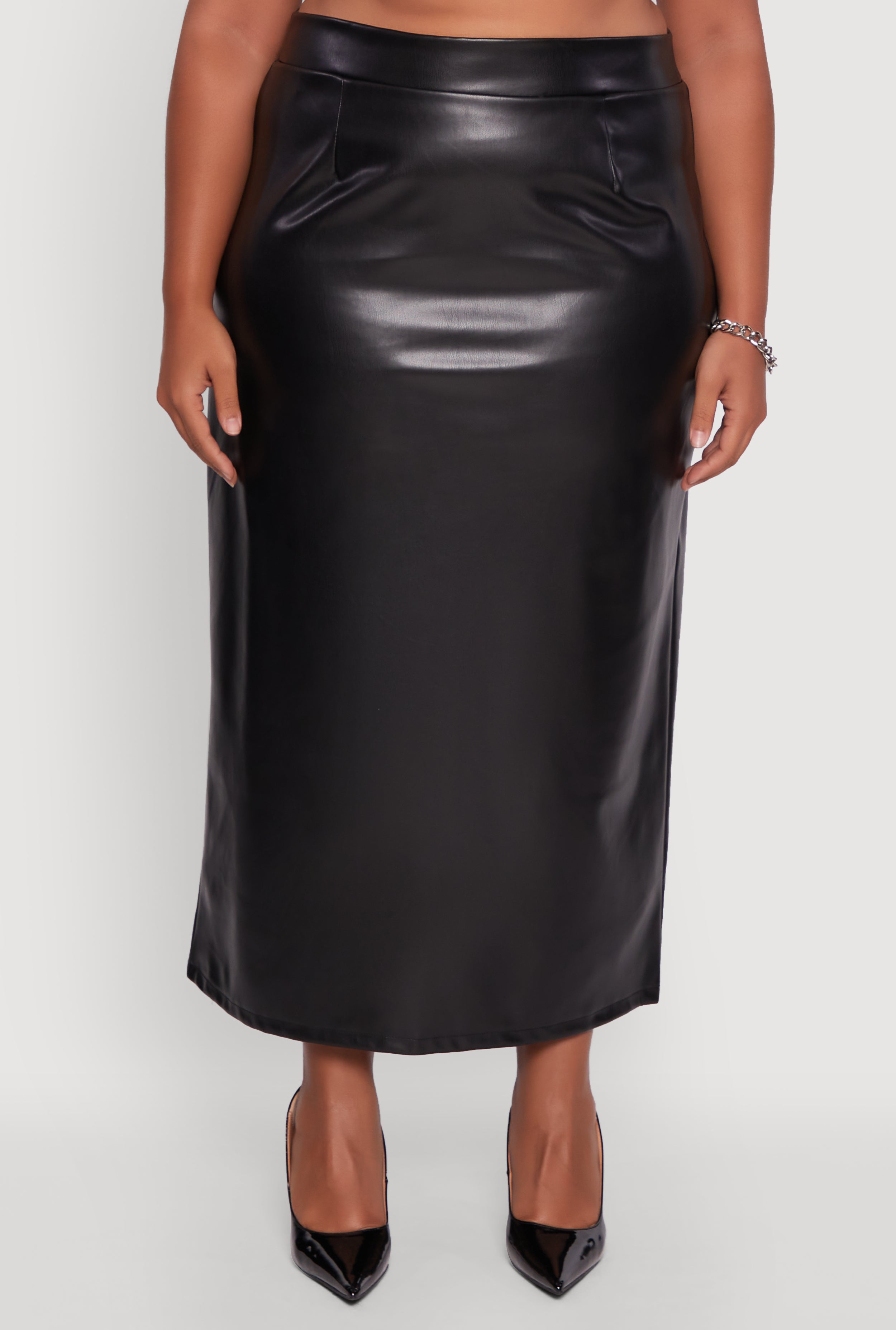 Plus Size High Waist Faux Leather Maxi Skirt with Zip Back