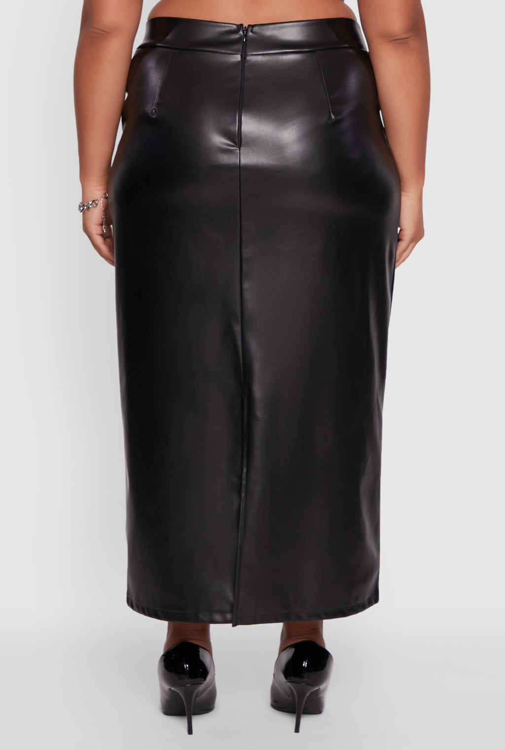 Plus Size High Waist Faux Leather Maxi Skirt with Zip Back