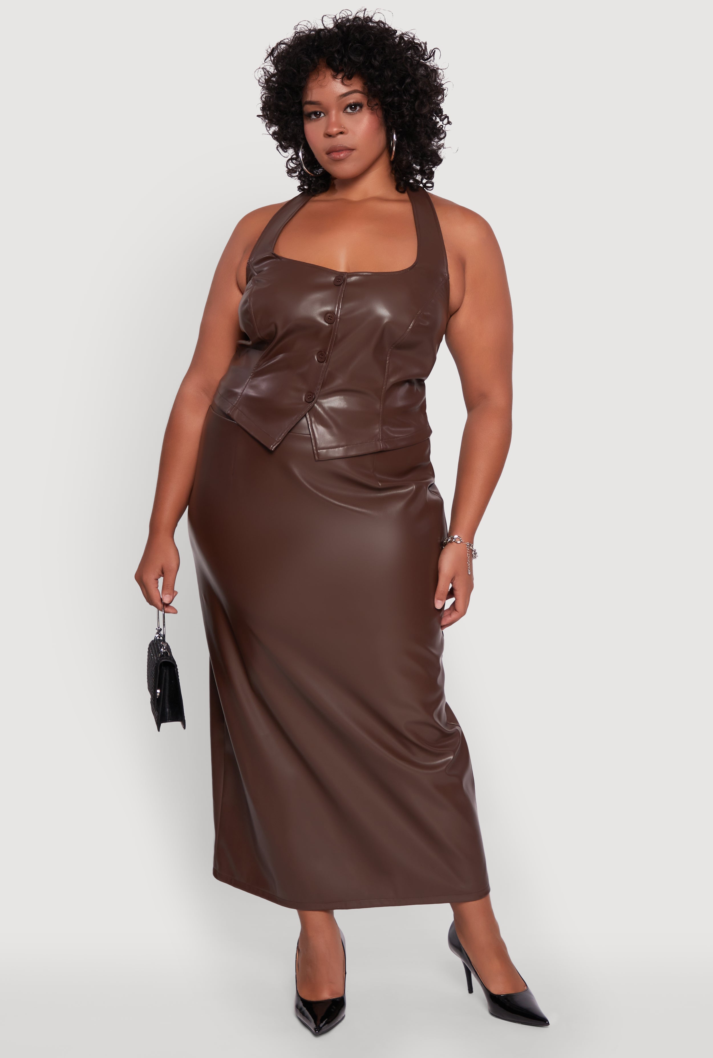 Plus Size High Waist Faux Leather Maxi Skirt with Zip Back