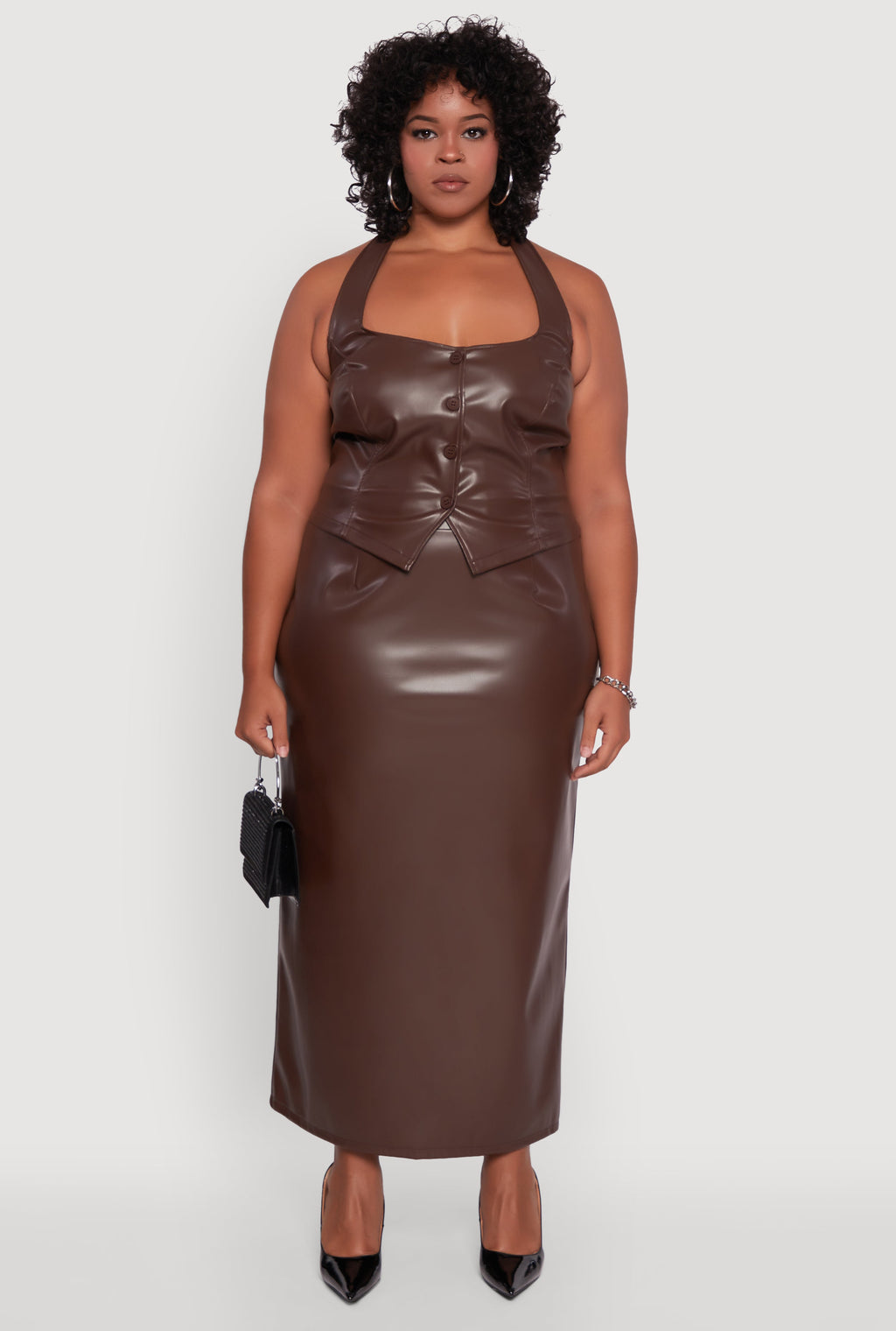 Plus Size High Waist Faux Leather Maxi Skirt with Zip Back