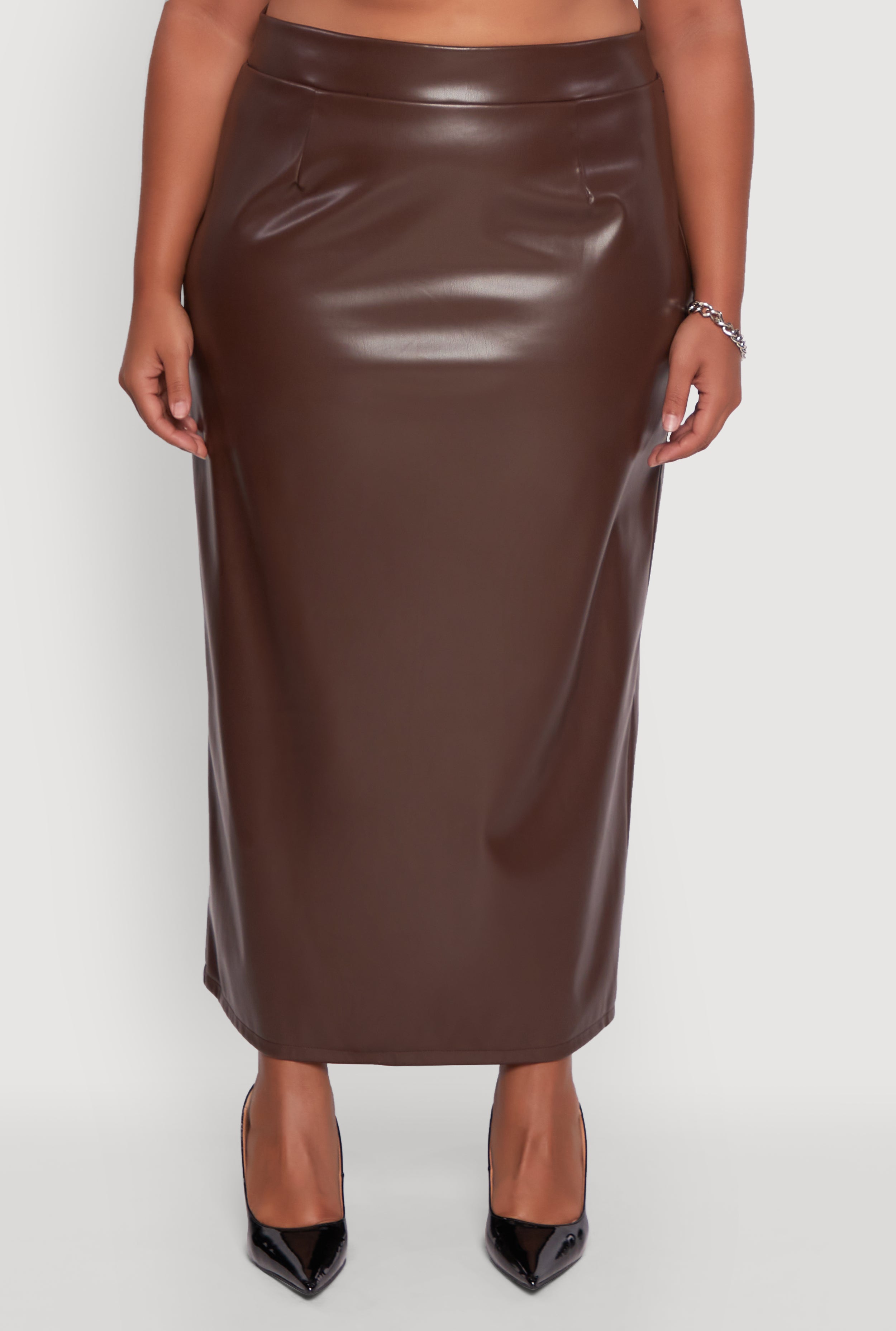 Plus Size High Waist Faux Leather Maxi Skirt with Zip Back