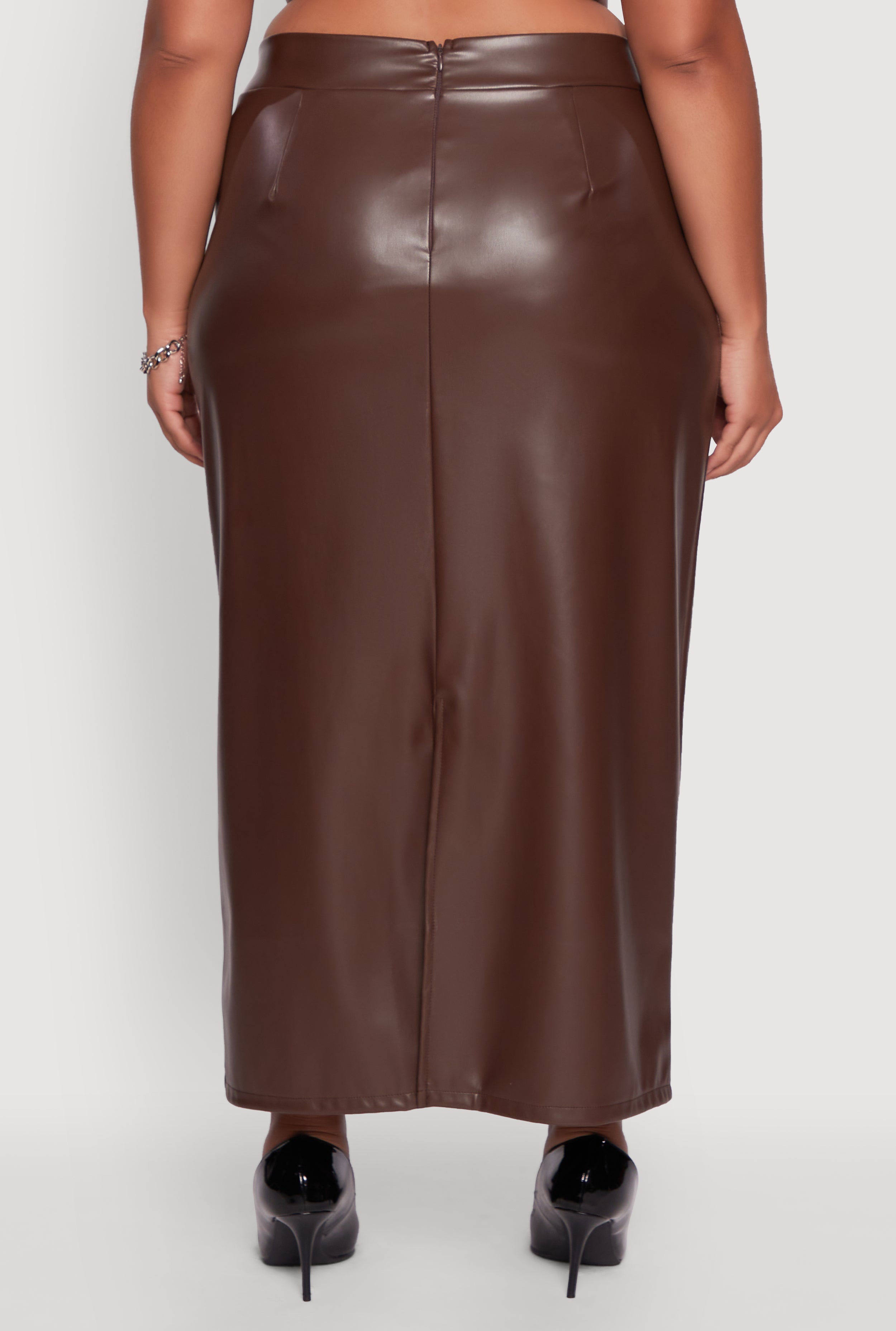 Plus Size High Waist Faux Leather Maxi Skirt with Zip Back