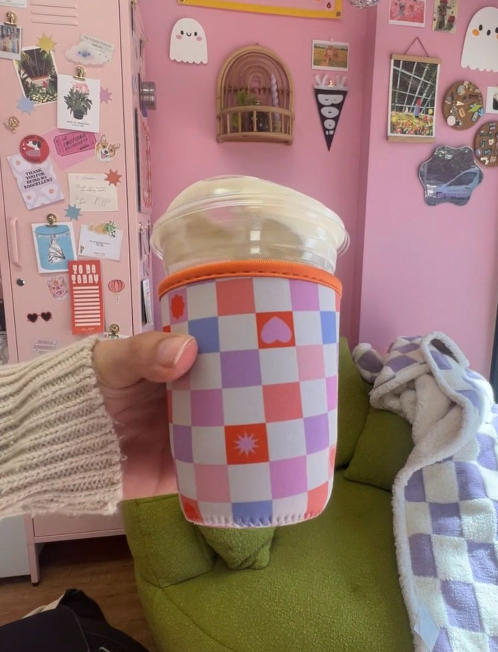 Floral Checkered Heart Coffee Sleeve